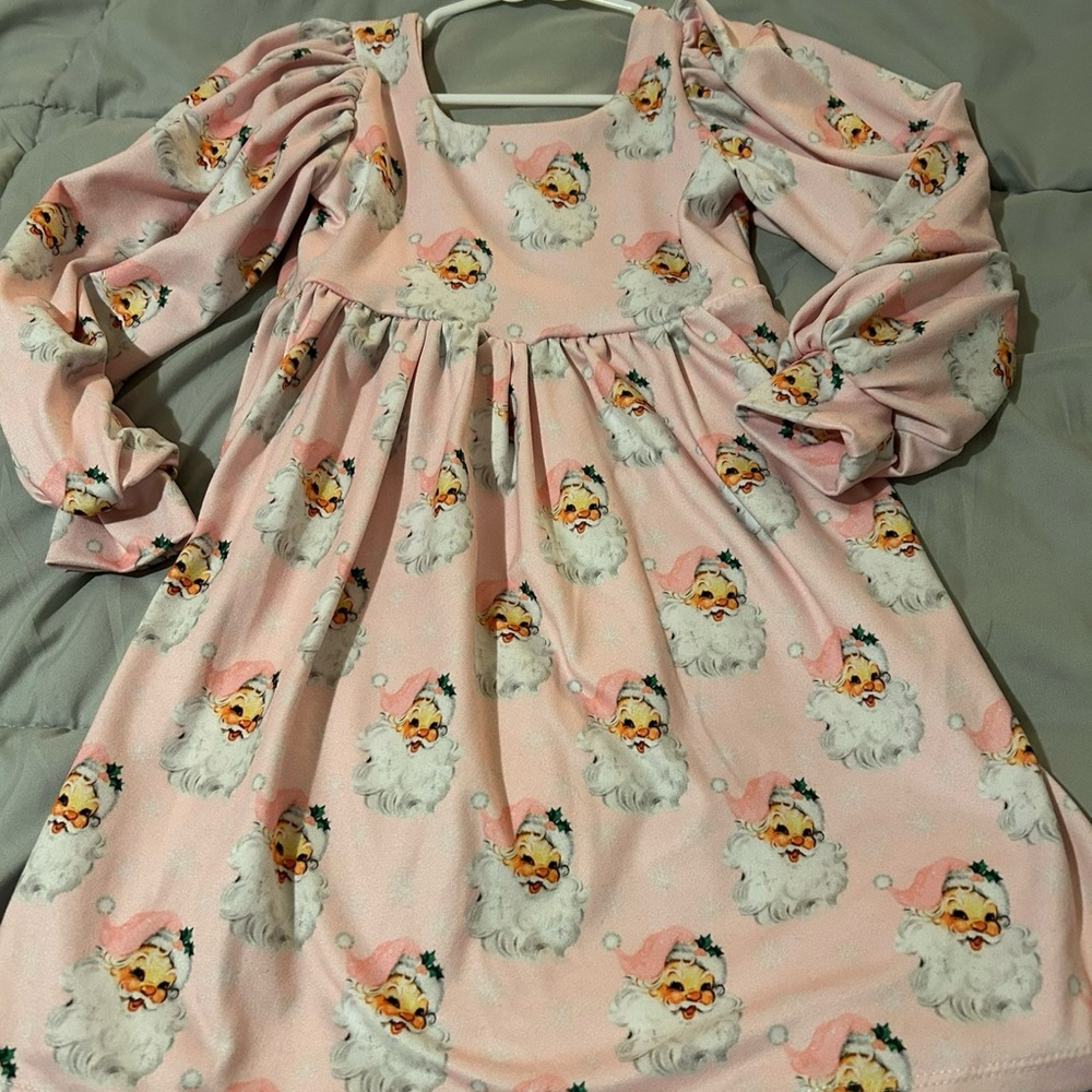 Pink Santa Print Kids Casual Dress